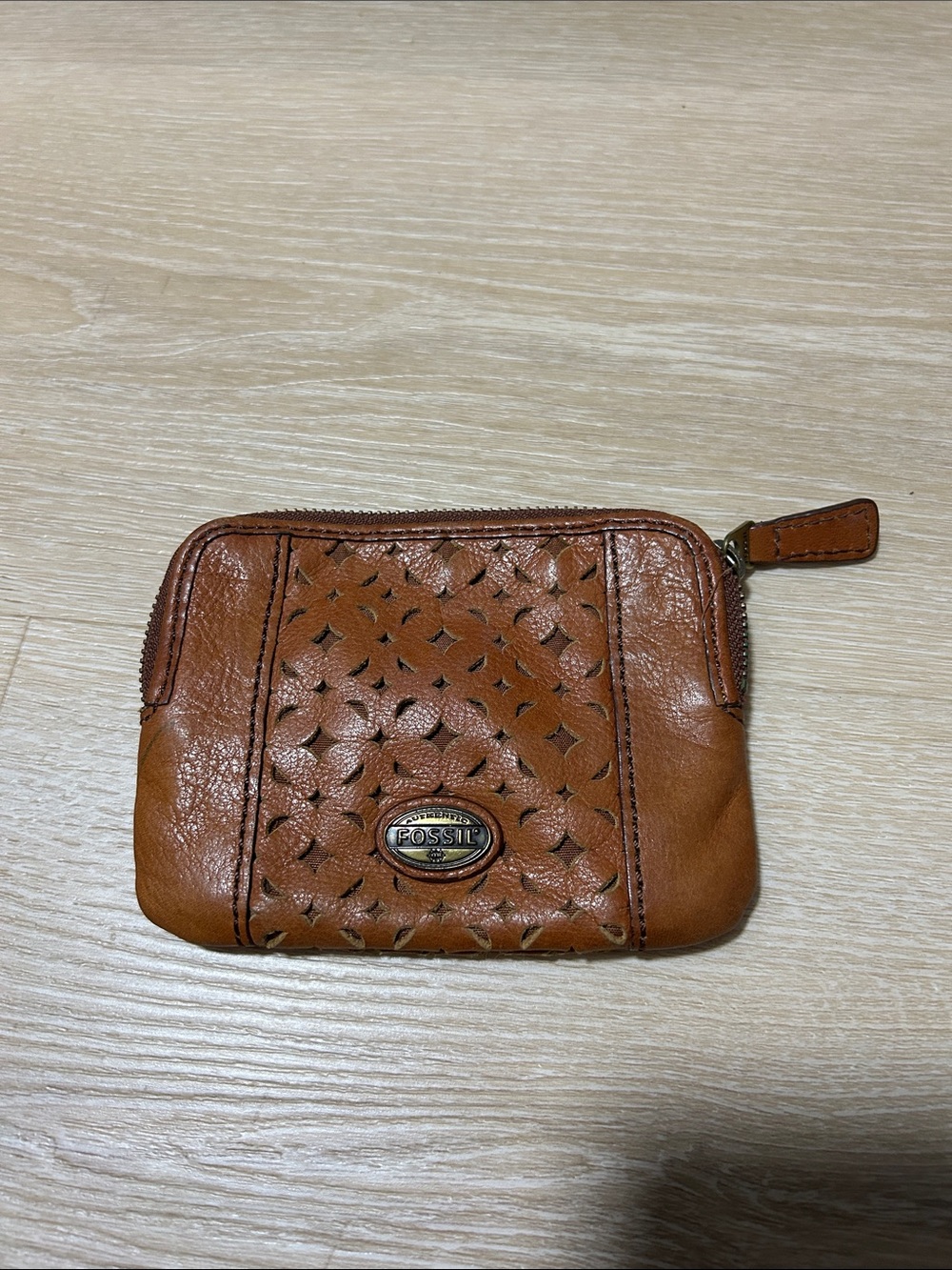 Fossil Chestnut Brown Woven Leather Zip Coin Pouch